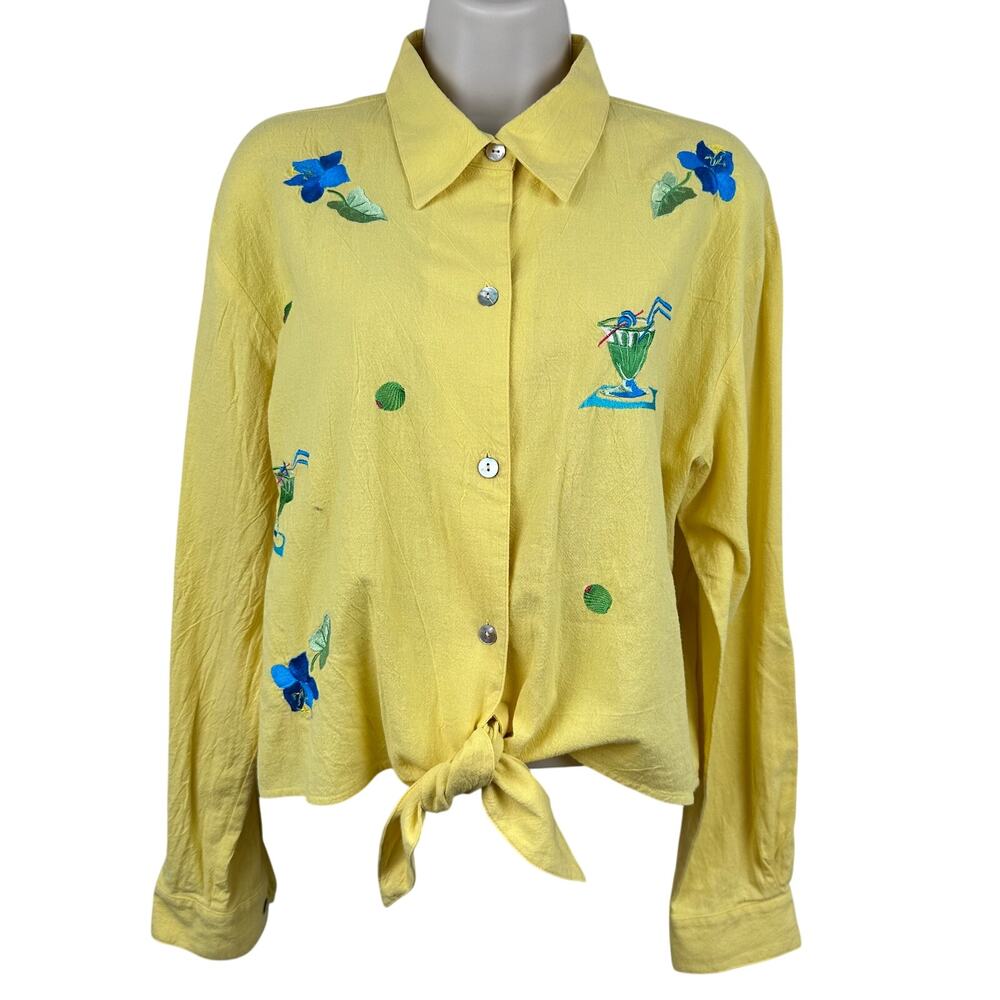 Kensington Lane Blouse Top Embroidered Tropical  Yellow L Tie Waist Resort Wear